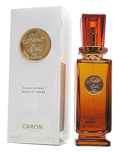 Secret Oud (Caron: Links weiße Verpackung, rechts schlanker Flacon (orangefarben) mit roter Verschlussklappe