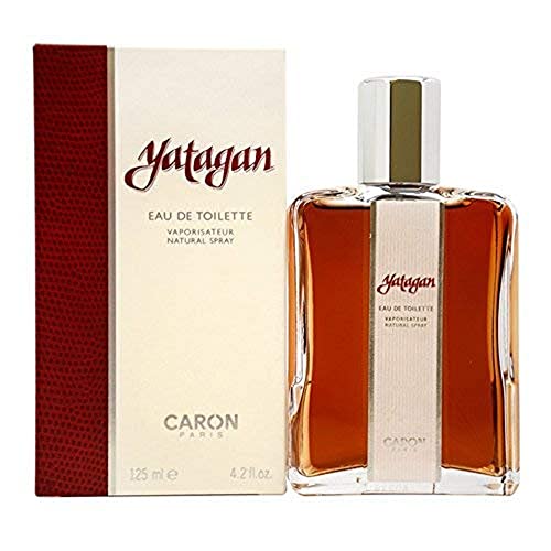 Rechts im Bild: Flacon mit Yatagan von Caron, bernsteinfarben, weißer Streifen in der Mitte, silberne Verschlusskappe (zylindrisch). Links: Verpackung mit Markenname "Yatagan", weiß und bourdeauxrot.