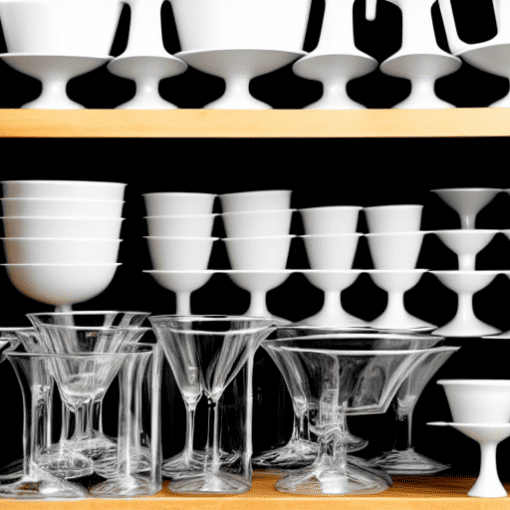 Geschirrspüler Maßgedecke: Gläser, weiße Becher und Tassen in verschiedenen Formen in einem Regal.