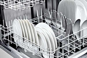 Geschirrspüler: Sondergrößen: Mit Geschirr und Besteck gefüllte Spülmaschine. Die Tür steht offen. Die untere Lade ist herausgezogen