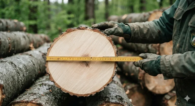 Förster misst mit Zollstock den Mitteldurchmesser eines Buchenstamms im Holzpolter